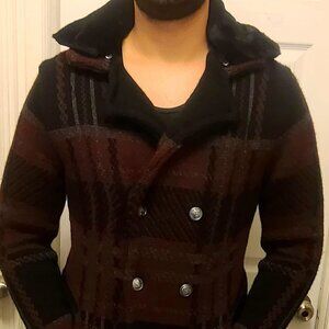 LCR Cardigan Plaid w/Fur Collar Black/Burgandy, Size M
